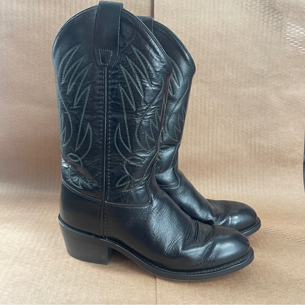 Old West Black Leather Green Stitching Cowboy Boots